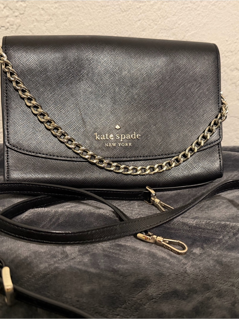 kate spade Black Saffiano Leather Chain Crossbody Bag with Gold Hardware